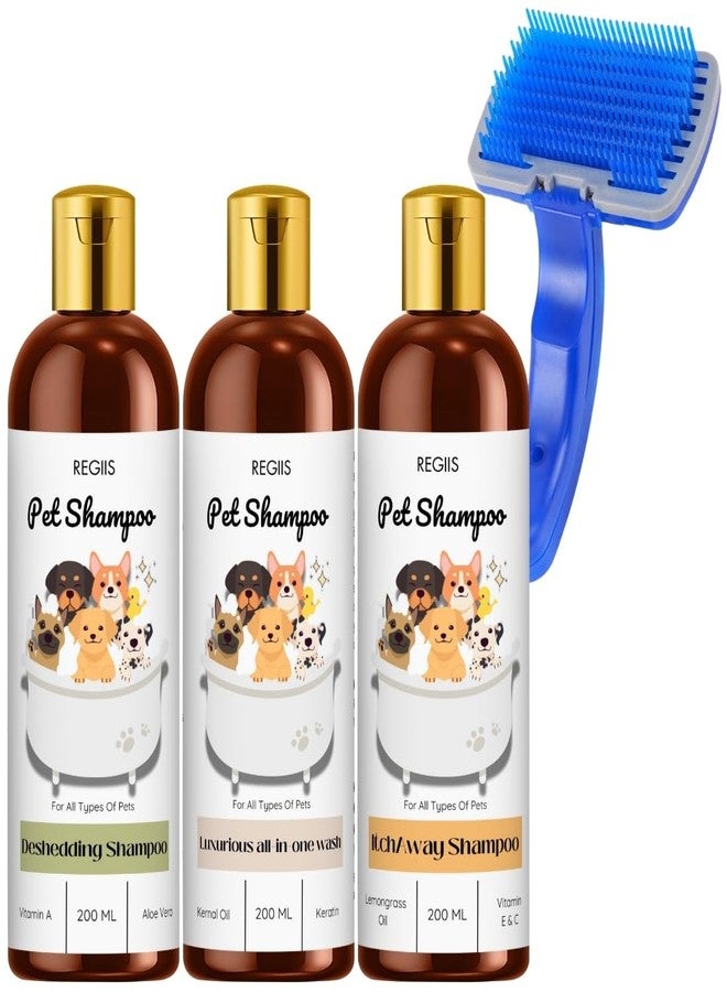 REGIIS Pet Shampoo Set, 3 Pack Dog Shampoo with Brush, Deshedding, Luxurious All-in-One Wash, Itch Away Formula, 200 ML Bottles, for All Types of Pets(4 Pack)